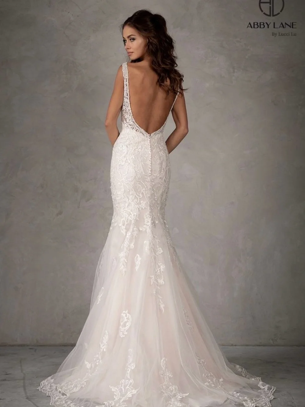 Ivory-Champagne V-Neck Lace Mermaid Wedding Dress - Picture 3 of 12